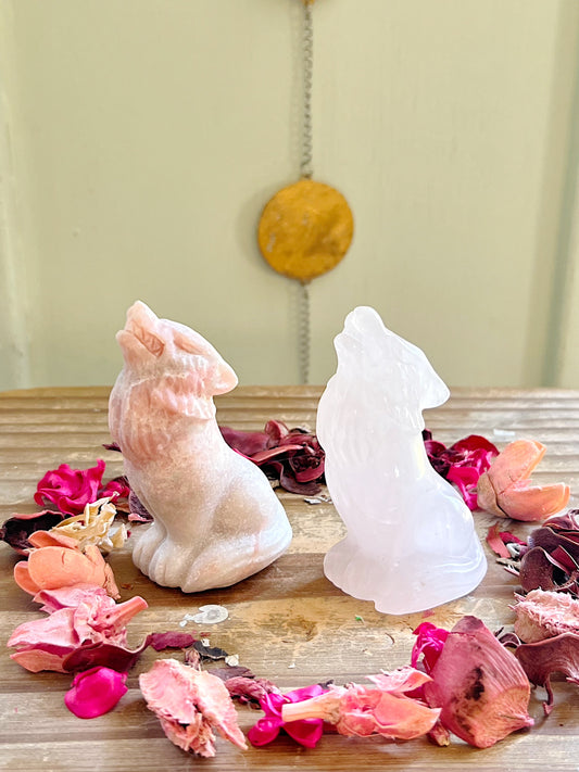 Pink Opal and Rose Quartz Wolf Carvings