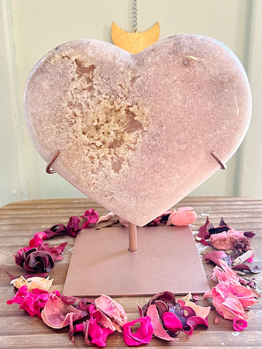 XXL Pink Amethyst Heart on Stand With Druzy