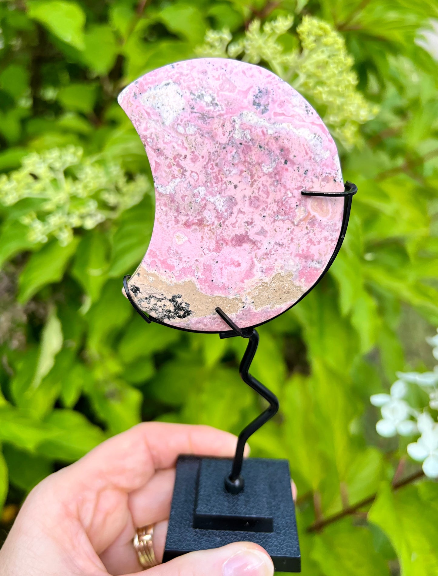 Peruvian Rhodonite Moon on Stand