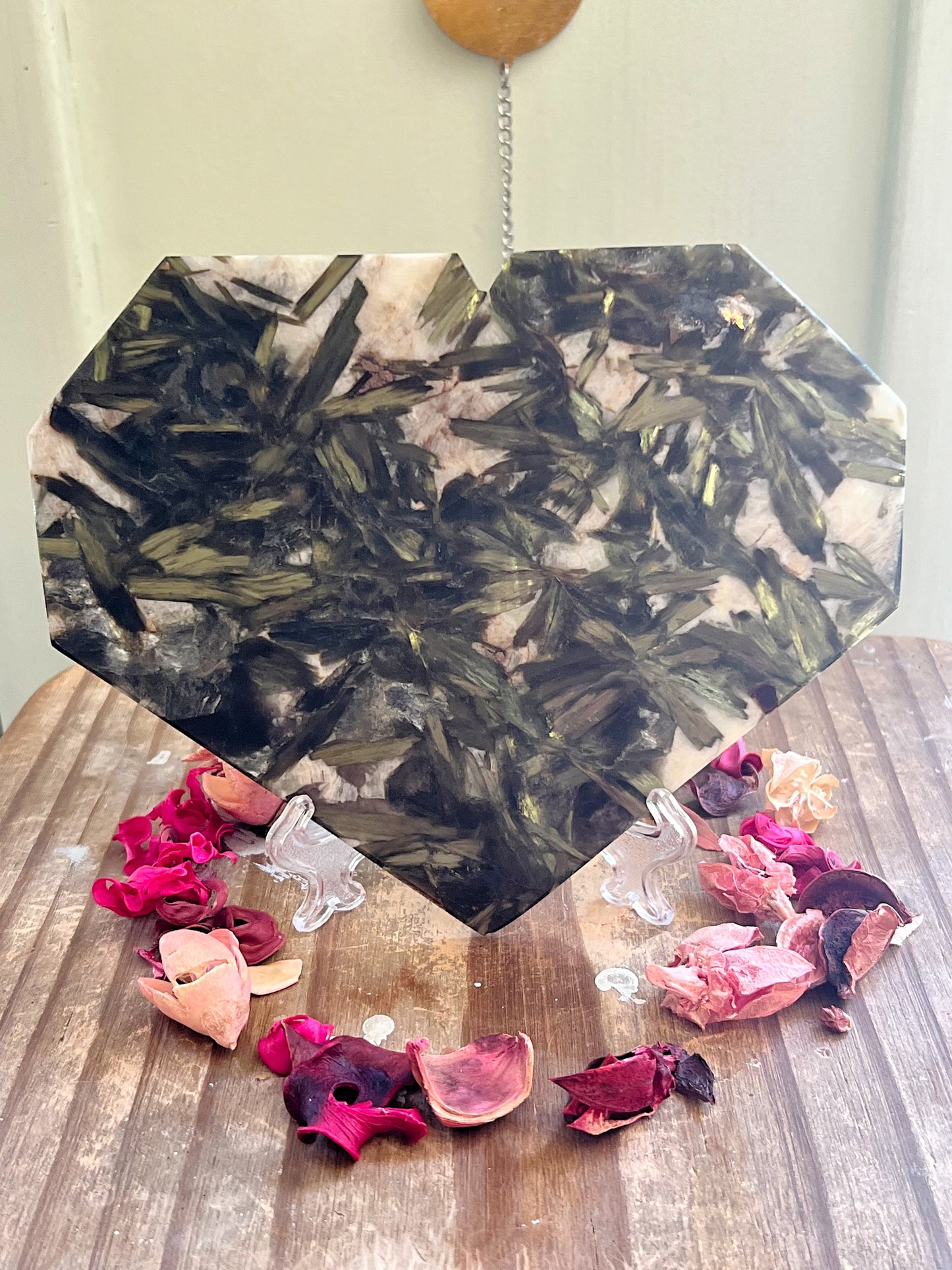 Large Green Tourmaline Heart Slab on Stand