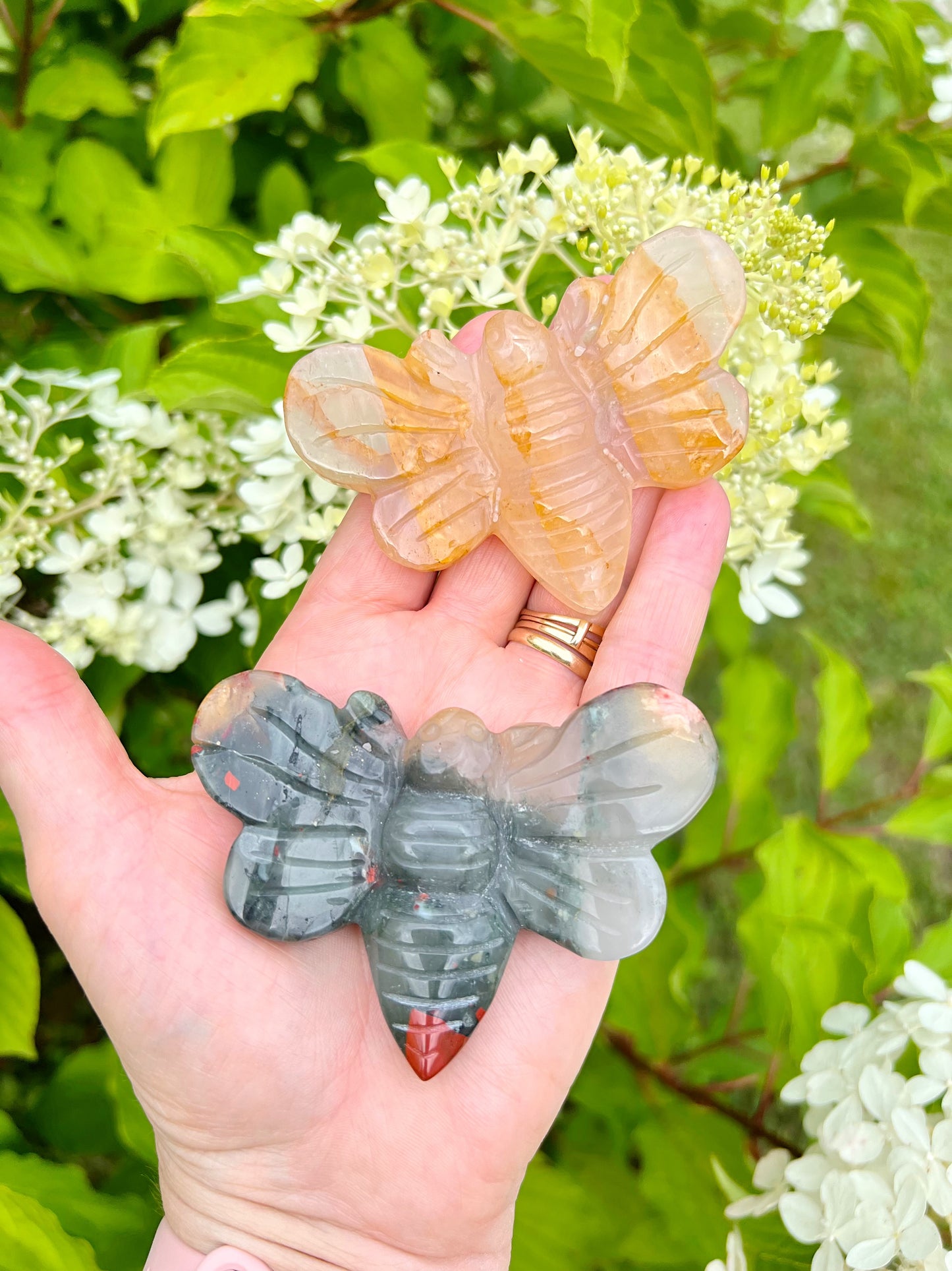 Bee Carvings in Ocean Jasper, African Bloodstone, Golden Healer, and Fluorite