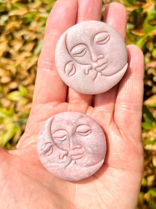 Pink Opal Sun and Moon Carvings