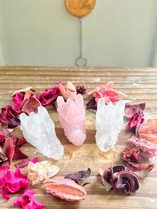 Clear Quartz and Rose Quartz Dragon Head Carvings