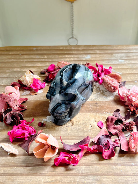 Druzy Black Agate x Quartz Skull Carving