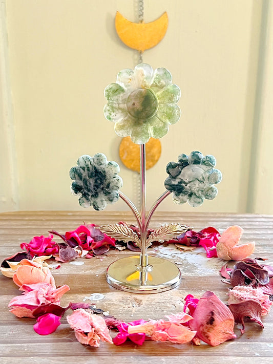 Moss Agate Flowers on Stand