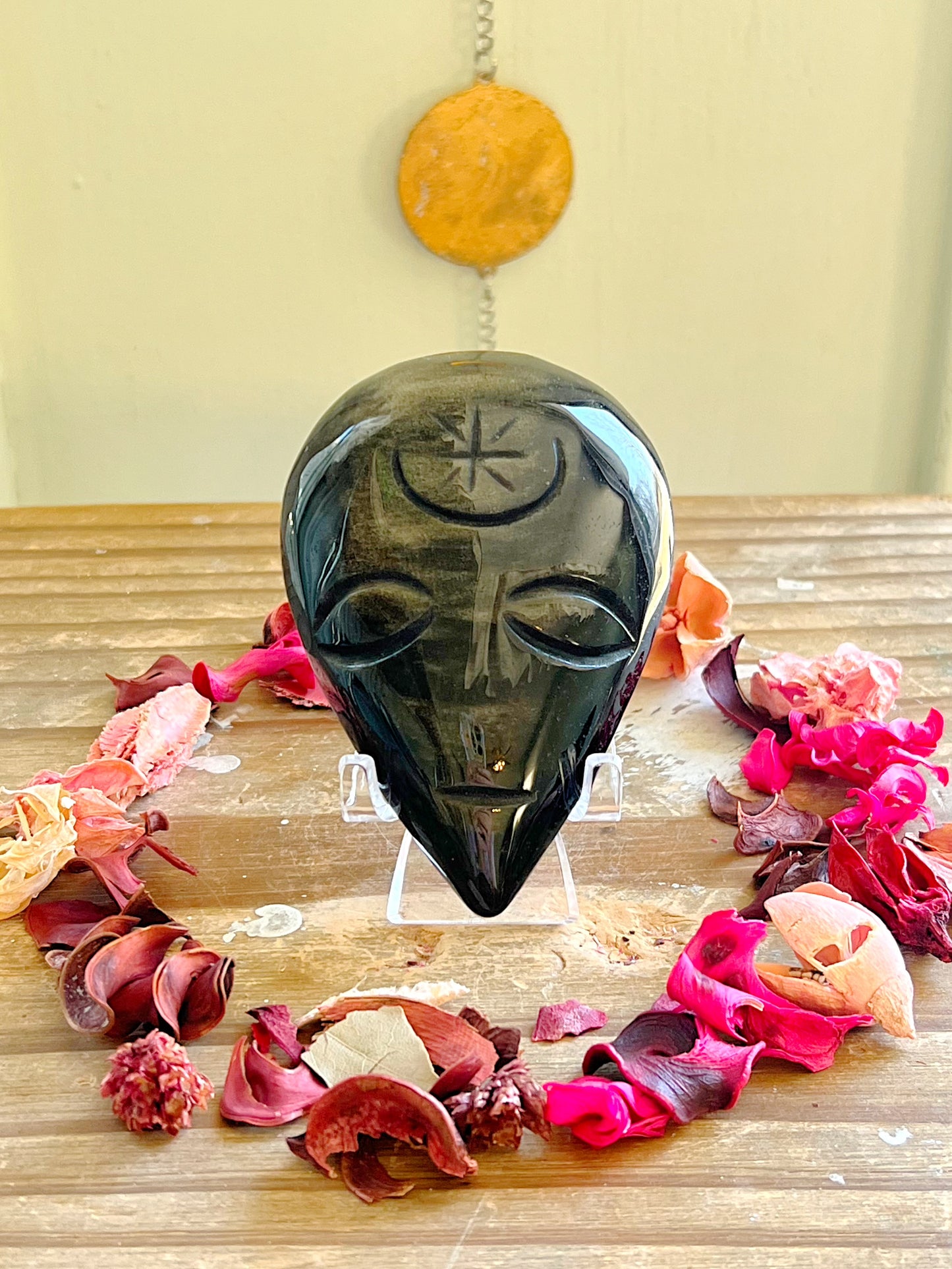 Gold Sheen Obsidian Alien Head with Stand