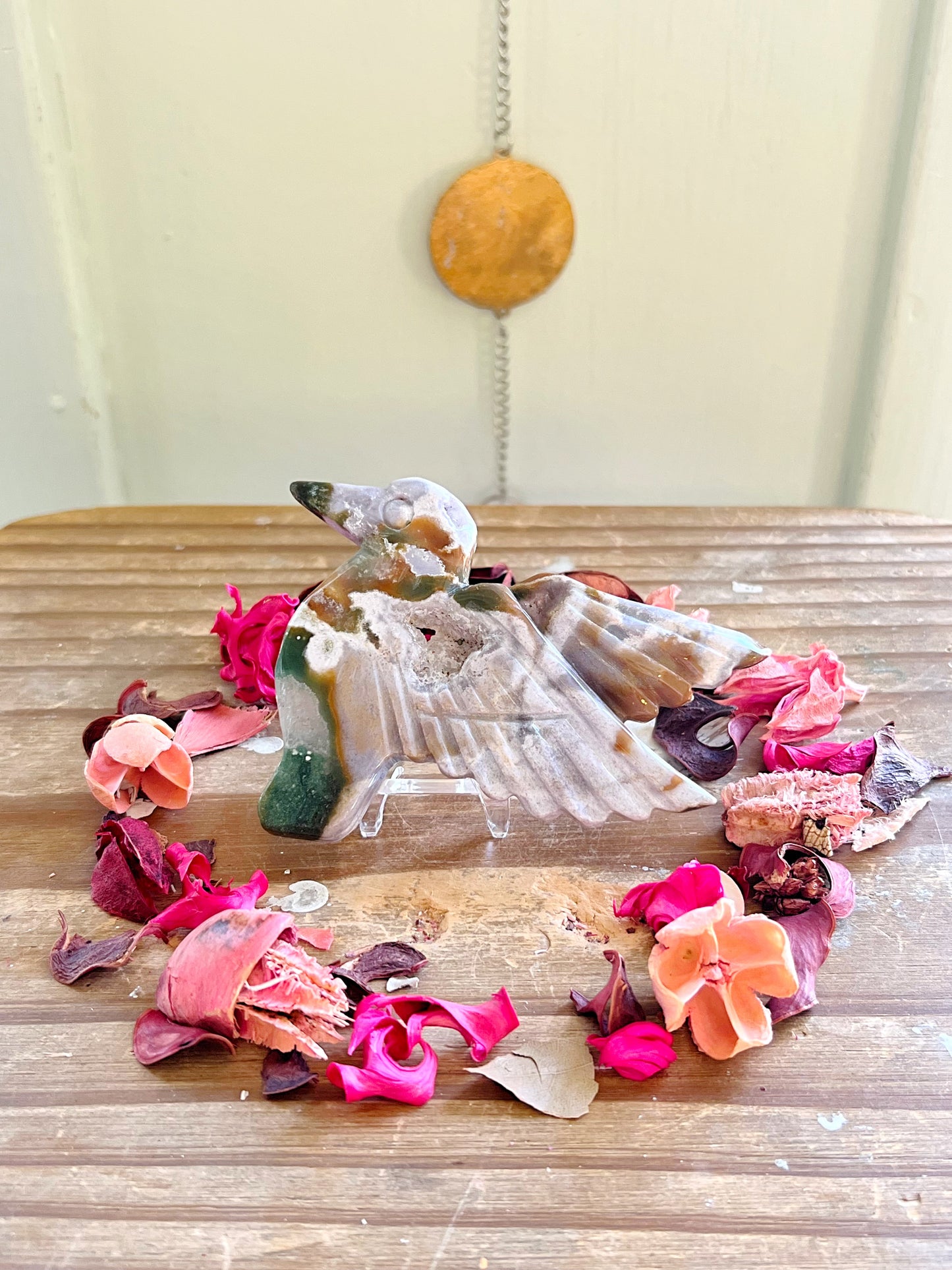 Colorful Moss Agate Hummingbird Carvings with Stands