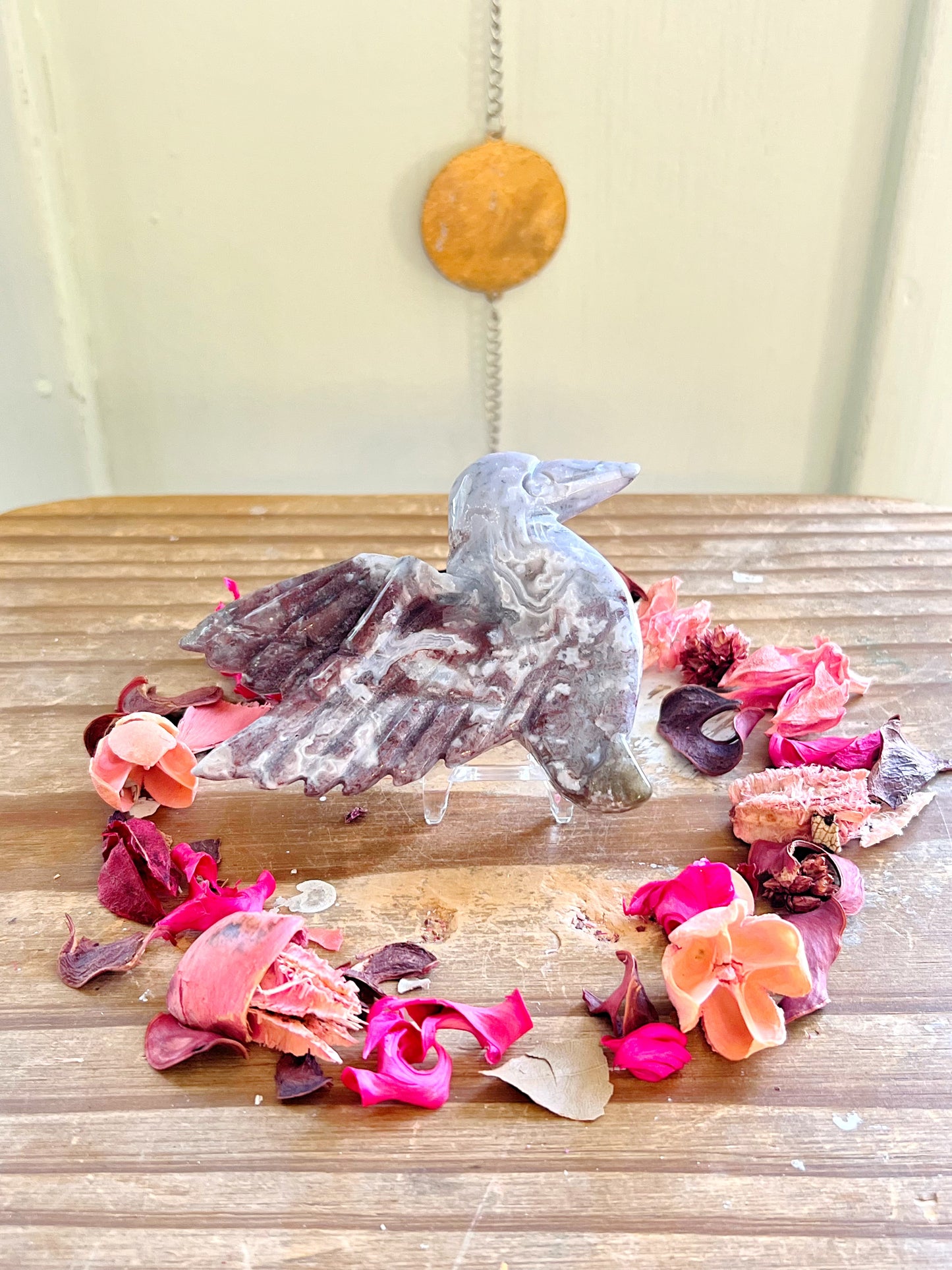 Colorful Moss Agate Hummingbird Carvings with Stands