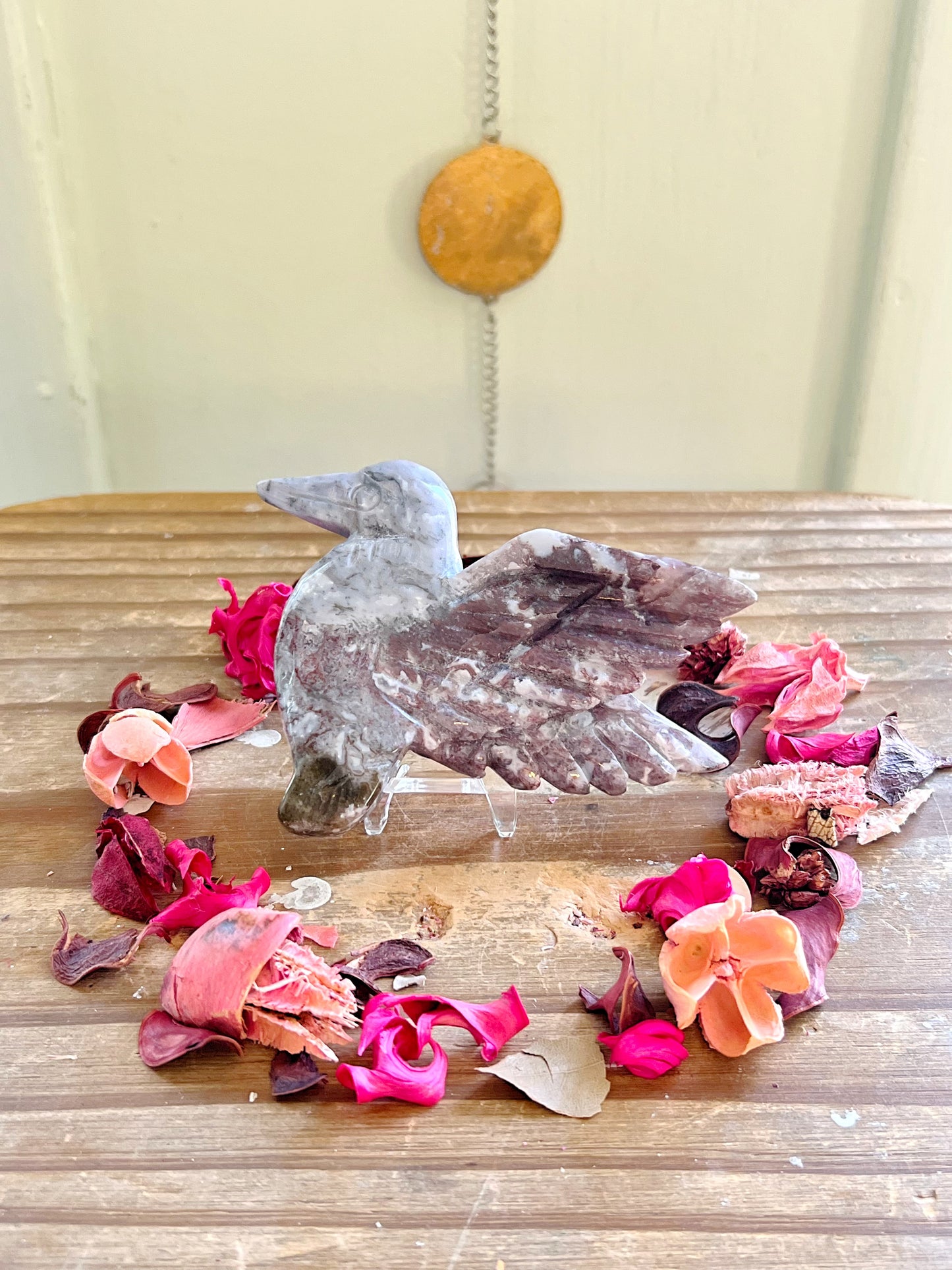 Colorful Moss Agate Hummingbird Carvings with Stands