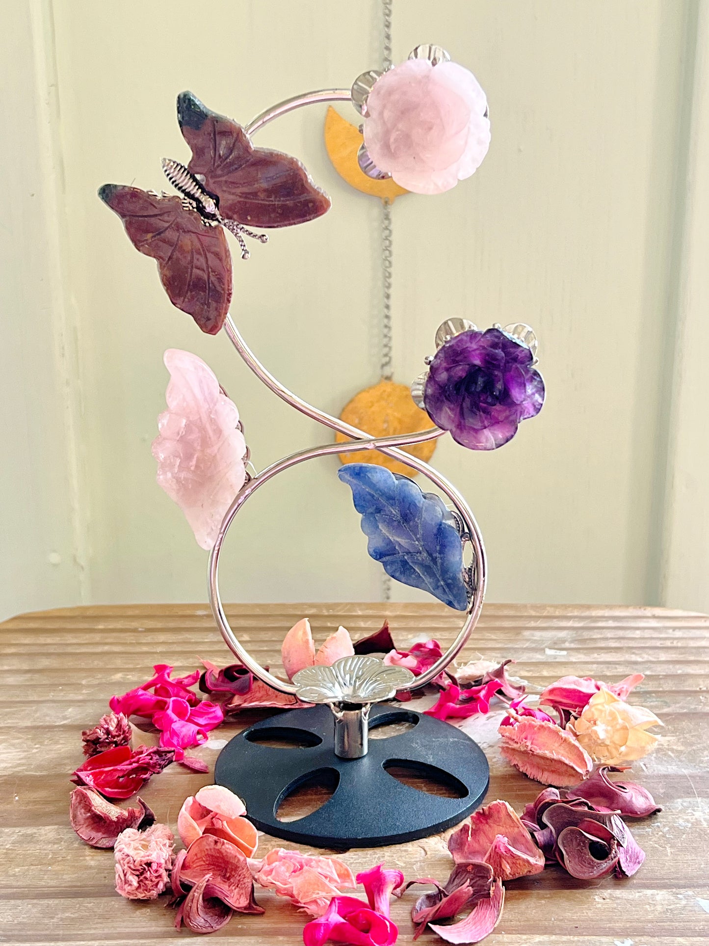 Rose Quartz, Ocean Jasper, Fluorite, Blue Aventurine Butterfly, Flower, and Leaf Carvings