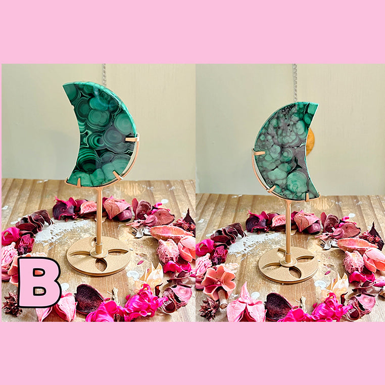 Rose and Quartz - Carvings - Malachite Moon on Stand B