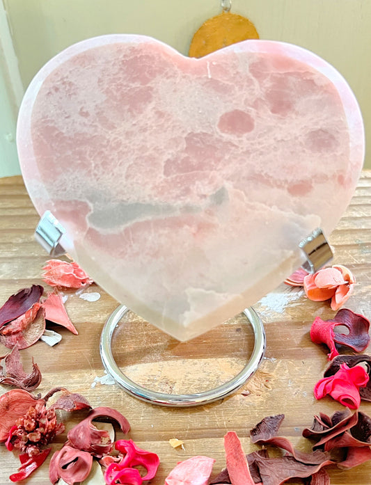 Rose and Quartz - Carvings - XL Pink Opal Heart on Stand