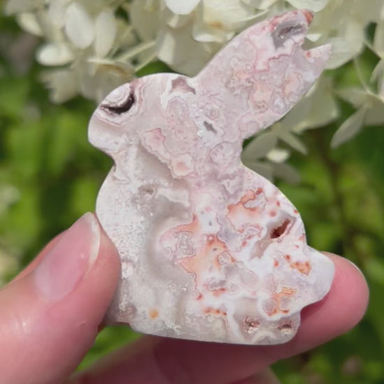 Rose and Quartz - Carvings - Druzy Pink Crazy Lace Agate Bunny Carving