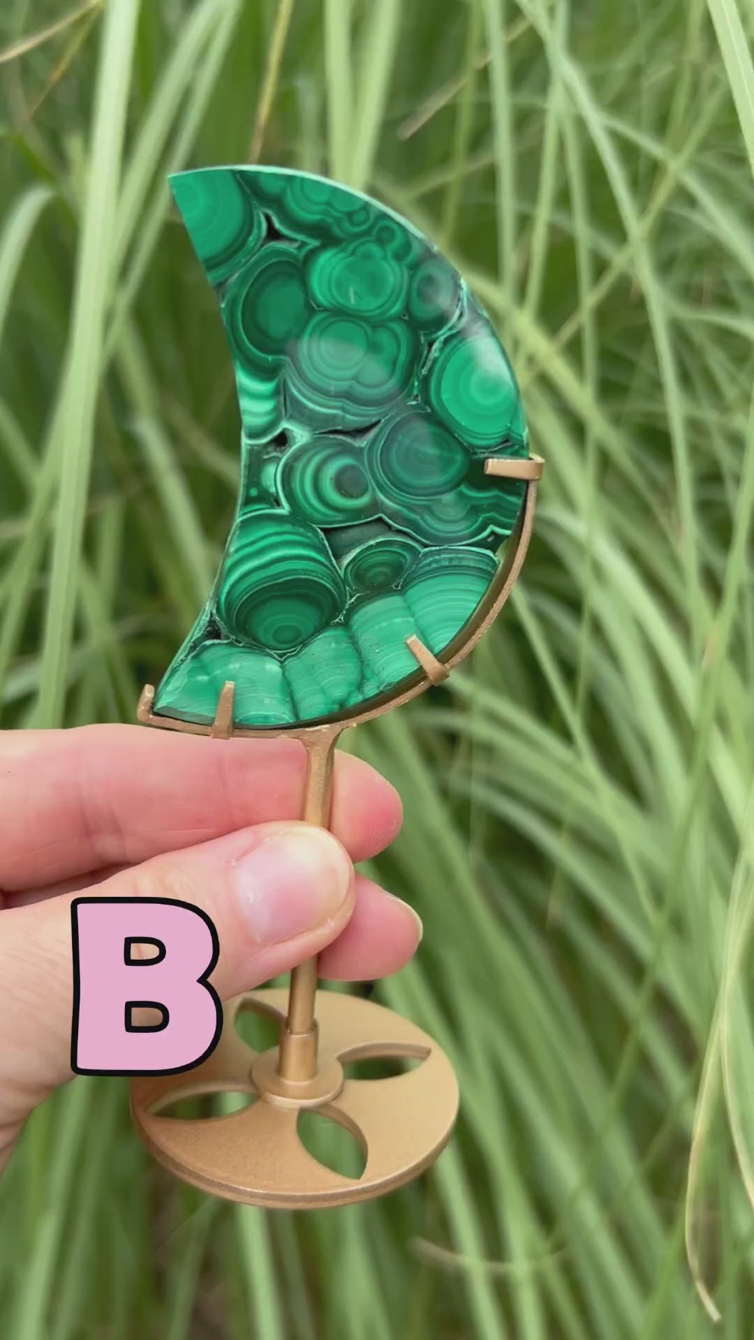 Rose and Quartz - Carvings - Malachite Moon on Stand B